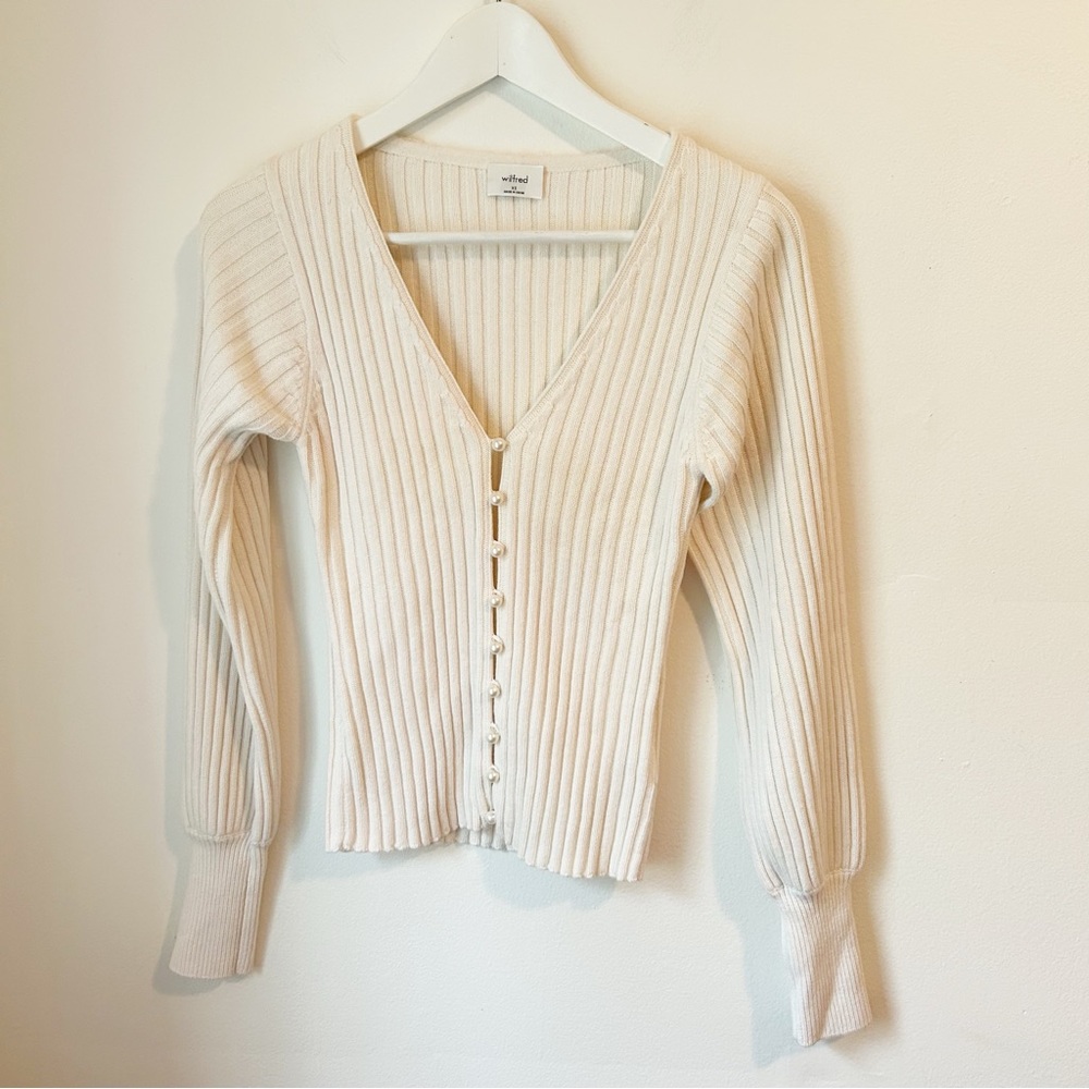 Wilfred Aritzia Ivory Cream Pearl Buttoned Cardigan Top V-neck Stretchy - Sz XS